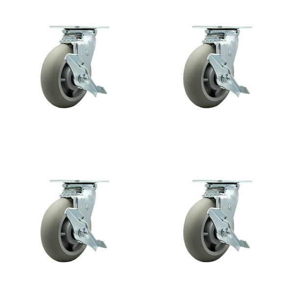 6 Inch Thermoplastic Rubber Caster Set with Roller Bearing and Brake/Swivel Lock