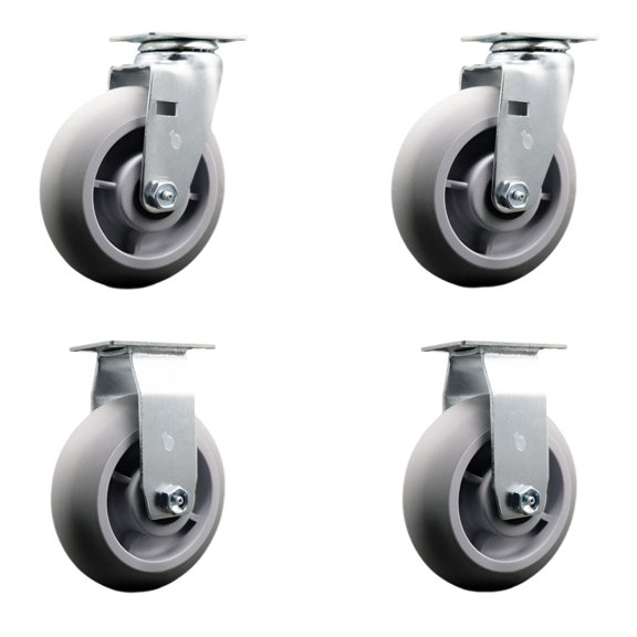 6 Inch Thermoplastic Rubber Caster Set with Roller Bearings 2 Swivel 2 Rigid