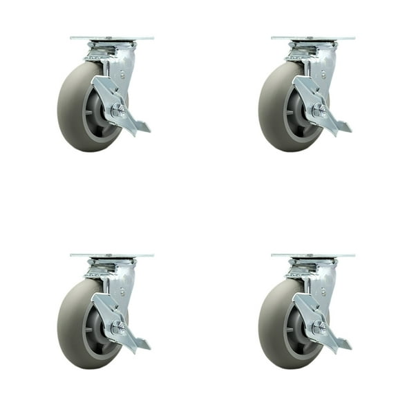 6 Inch Thermoplastic Rubber Swivel Caster Set with Roller Bearings and Brake SCC