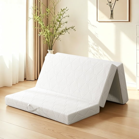 6 Inch Tri-Fold Mattress Queen Size, Foldable Memory Foam Floor Bed with Portable Handle, White Washable Cover, Non-Slip Bottom – For Guest, Camping, RV, Travel