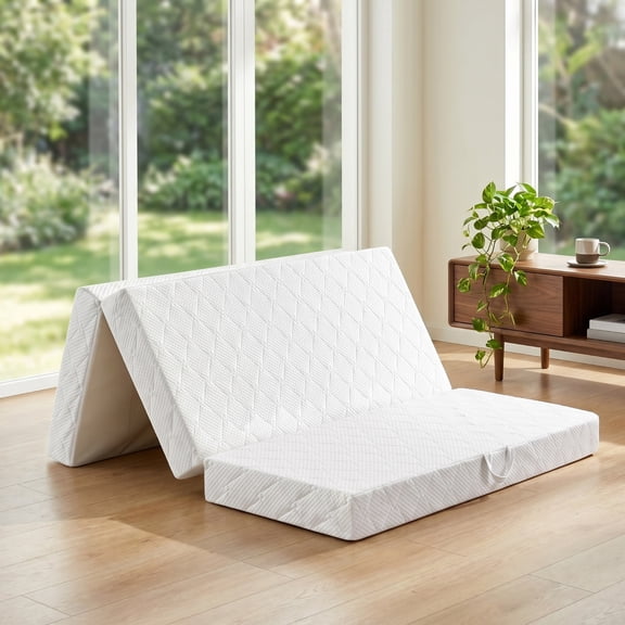 6-Inch Tri-Fold Memory Foam Mattress, Full Size Folding Floor Bed for Guest Room & RV, Washable Cover, White