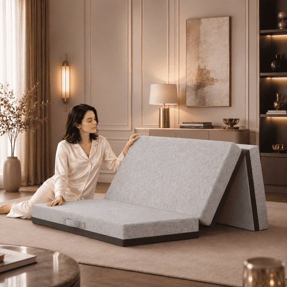 6 Inch Tri Fold Memory Foam Mattress, Full Size Folding Mattress with Washable Removable Cover, Non-Slip Bottom & Carry Handles, Portable Foldable Guest Bed for Camping, Travel, Yoga, Dorm, Gray