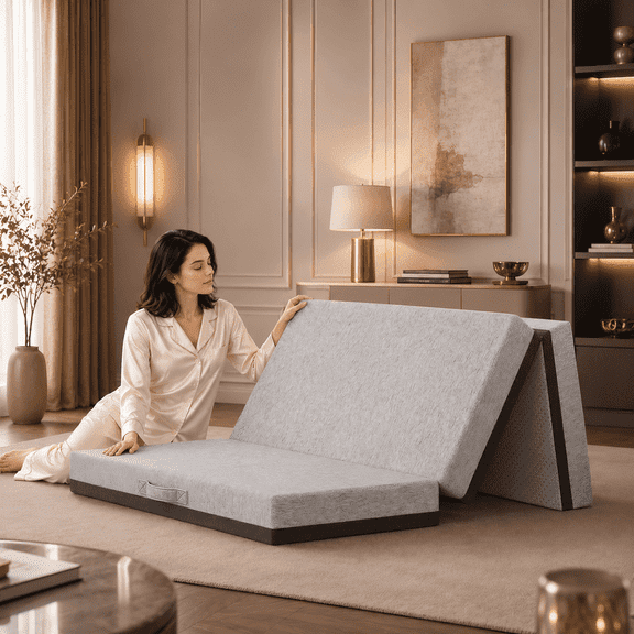 6 Inch Tri Fold Memory Foam Mattress, Queen Size Folding Mattress with Washable Removable Cover, Non-Slip Bottom & Carry Handles, Portable Foldable Guest Bed for Camping, Travel, Yoga, Dorm, Gray