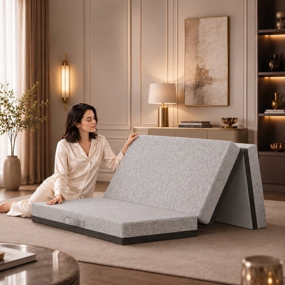 6 Inch Tri Fold Memory Foam Mattress, Queen Size Folding Mattress with Washable Removable Cover, Non-Slip Bottom & Carry Handles, Portable Foldable Guest Bed for Camping, Travel, Yoga, Dorm, Gray
