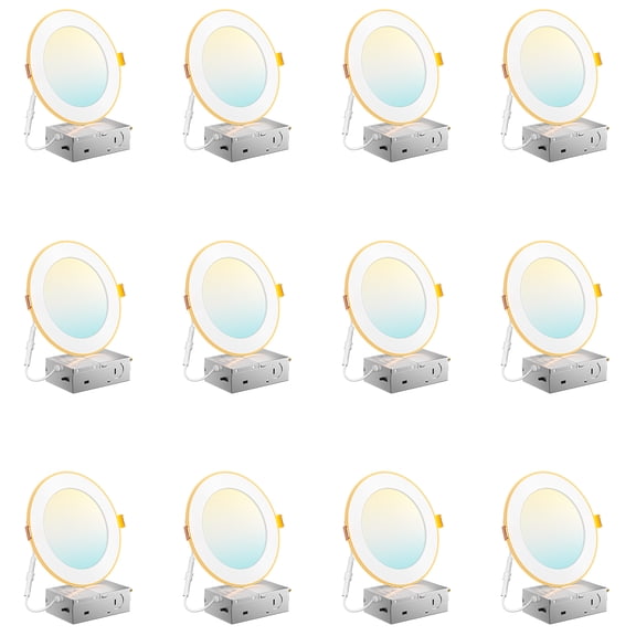 6 Inch Ultra-Thin LED Recessed Downlight with Night Light, 5CCT Dimmable, 12 Pack, Canless Wafer Ceiling Light, 12W=110W, 1100LM, White