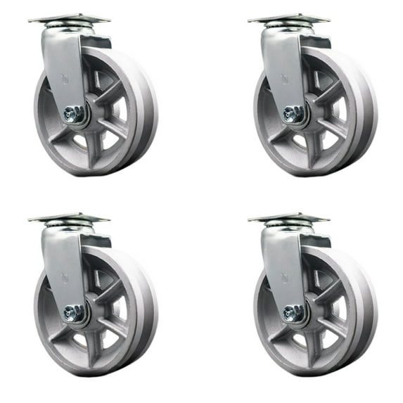 6 Inch V-Groove Semi Steel Cast Iron Wheel Swivel Caster Set with Roller Bearing