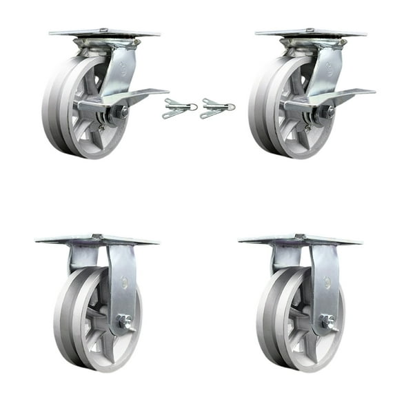 6 Inch V Groove Semi Steel Caster Set 2 Brakes/Swivel Locks and 2 Rigid SCC