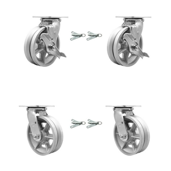 6 Inch V Groove Semi Steel Caster Set with Ball Bearings 4 Swivel Lock 2 Brake
