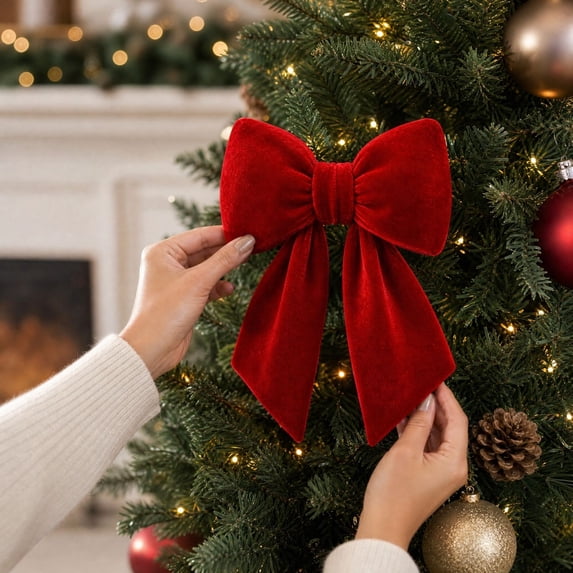 6 Inch Velvet Christmas Bow Ornament with Zip Ties Puffy Ribbon Bow for Tree Wreath Red