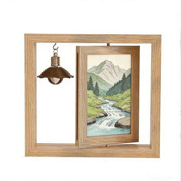 6-Inch Vertical Wood Grain Rotating Photo Frame with LED Decorative Light, Double Photo Pull-Out Desktop Decoration, Home Decor Picture Frame (Holds 2 Photos)
