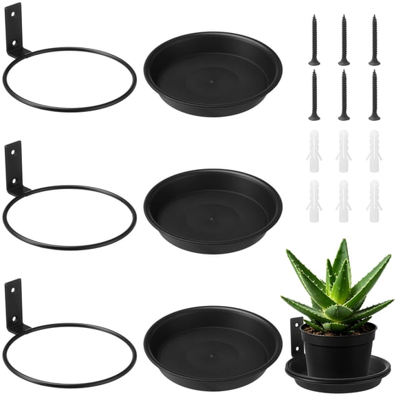 6 Inch Wall Mount Plant Holder with Saucer Trays, 6 Pack Heavy Duty Metal Flower Pot Holder Ring Plant Hanger for Wall Indoor, Ring Planter Bracket for Outside Outdoor Bird Feeder Bath