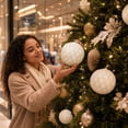 thumbnail image 1 of 6 Inch White Flocked Christmas Ball Ornament with Gold Thread Diamond Pattern Large Shatterproof Xmas Tree Decor Bauble, 1 of 7