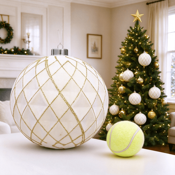 6 Inch White Flocked Christmas Ball Ornament with Gold Thread Diamond Pattern Large Shatterproof Xmas Tree Decor Bauble