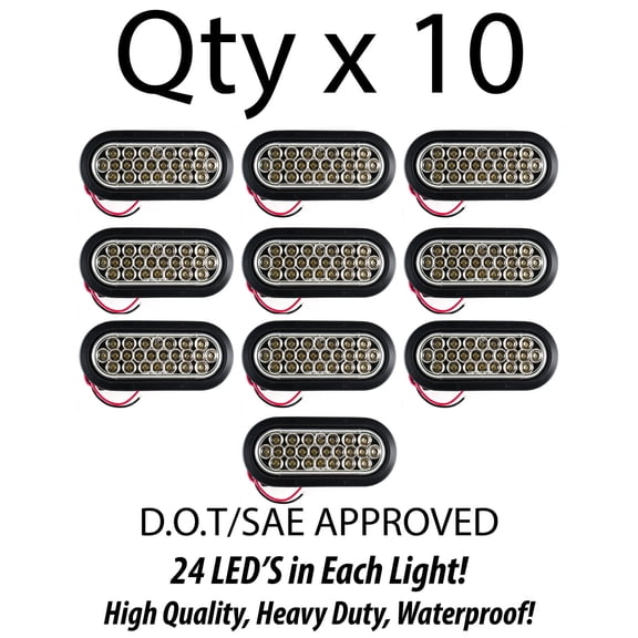 6" Inch White Oval 24 LED Backup Reverse Tail Trailer Light Grommet Plug -Qty 10
