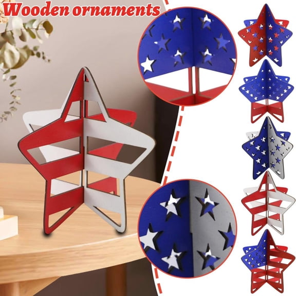 6 Inch Wooden 3D Star Tabletop Decoration, Red And Blue Hollow Star Independence Day Ornament, Independence Day Holiday Party Home Table Decor For Family