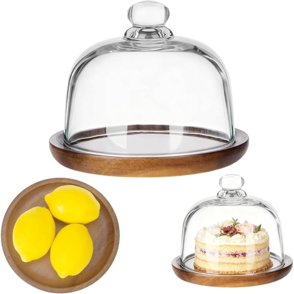 6 Inch Wooden Base Small Cake Display Stand with Glass Dome,Cloche Clear Glass Bell Jar Cover for Dessert Cheese Candy Plants Succulents
