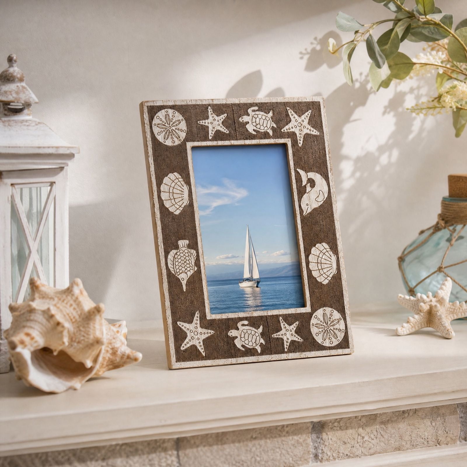 6 Inch Wooden Picture Frame, Beach Themed with Starfish, Shells and Sea ...