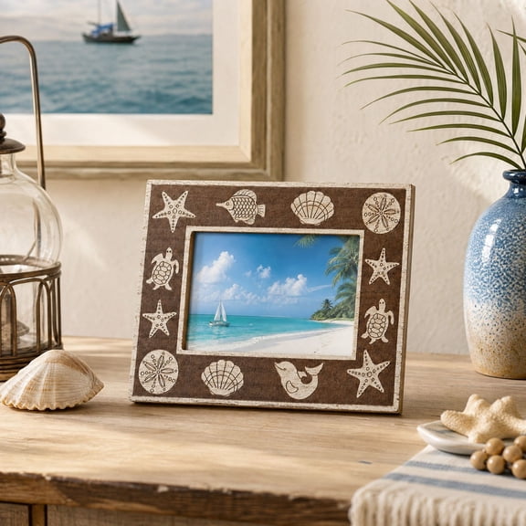 6 Inch Wooden Picture Frame, Beach Themed with Starfish, Shells and Sea Turtle Decor for Tabletop Display