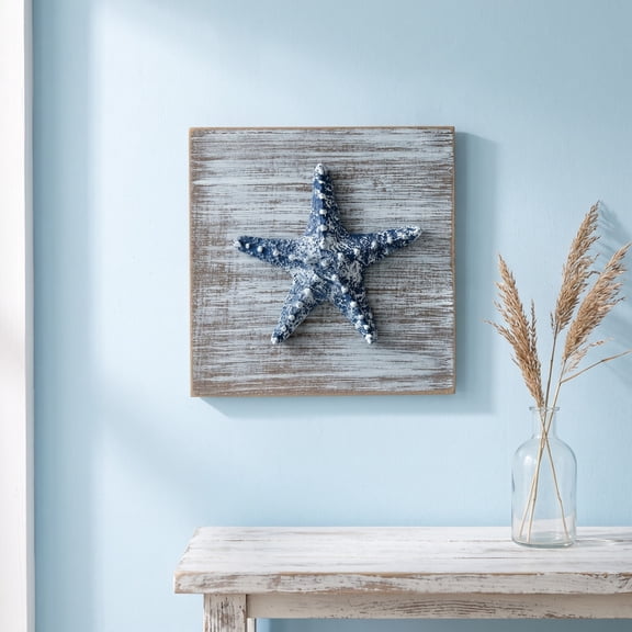 6 Inch Wooden Sea Star Shell Wall Hanging Nautical Coastal Decor Blue