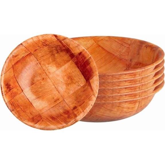 6-Inch Woven Wood Salad Bowls, Set of 6 - Small Wooden Snack Bowls for Fruit, Side Dish & Popcorn - Natural Rustic Serving Bowls for Kitchen, Party & Everyday Use - Lightweight & Durable