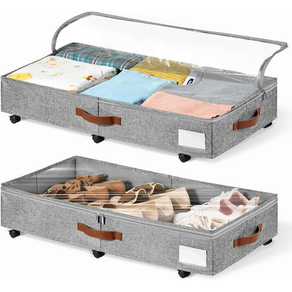6 Inches Under Bed Storage with Wheels Pack of 2, Underbed Shoe Storage Container Bin with Clear Lid Cover, Rolling Under Bed Drawer Bag Basket for Shoe Organizer Sheet Sweater - Grey