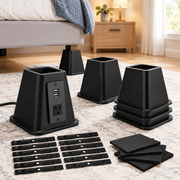 6 Inches Heavy Duty Furniture Risers with Power Outlet and USB Ports, 4 Pack