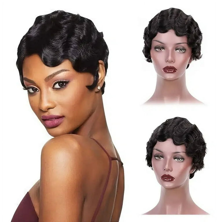 6 Inches Vintage Short Finger Wave Synthetic Wig Kinky Curly Wigs