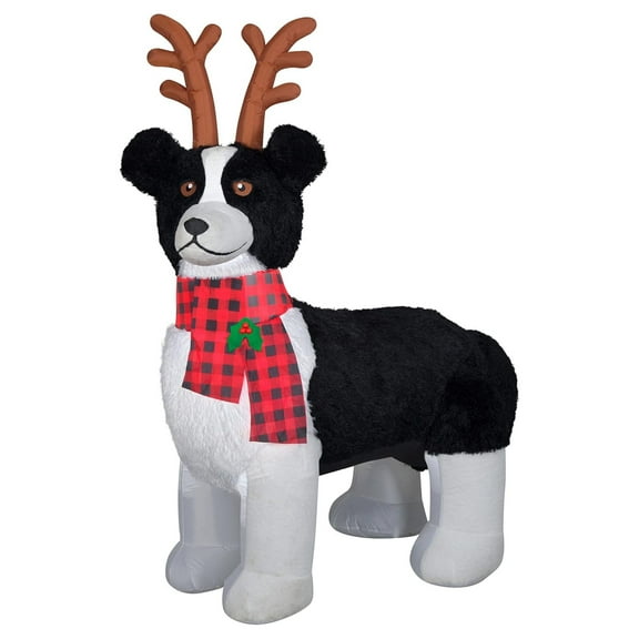 6' Inflatbale Mixed Media Fuzzy Plush Border Collie with Reindeer Antlers