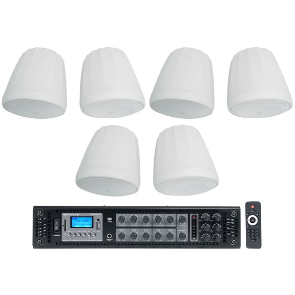 (6) JBL CONTROL 68HP-WH 70v Commercial 8" Hanging White Pendant Speakers+Amp
