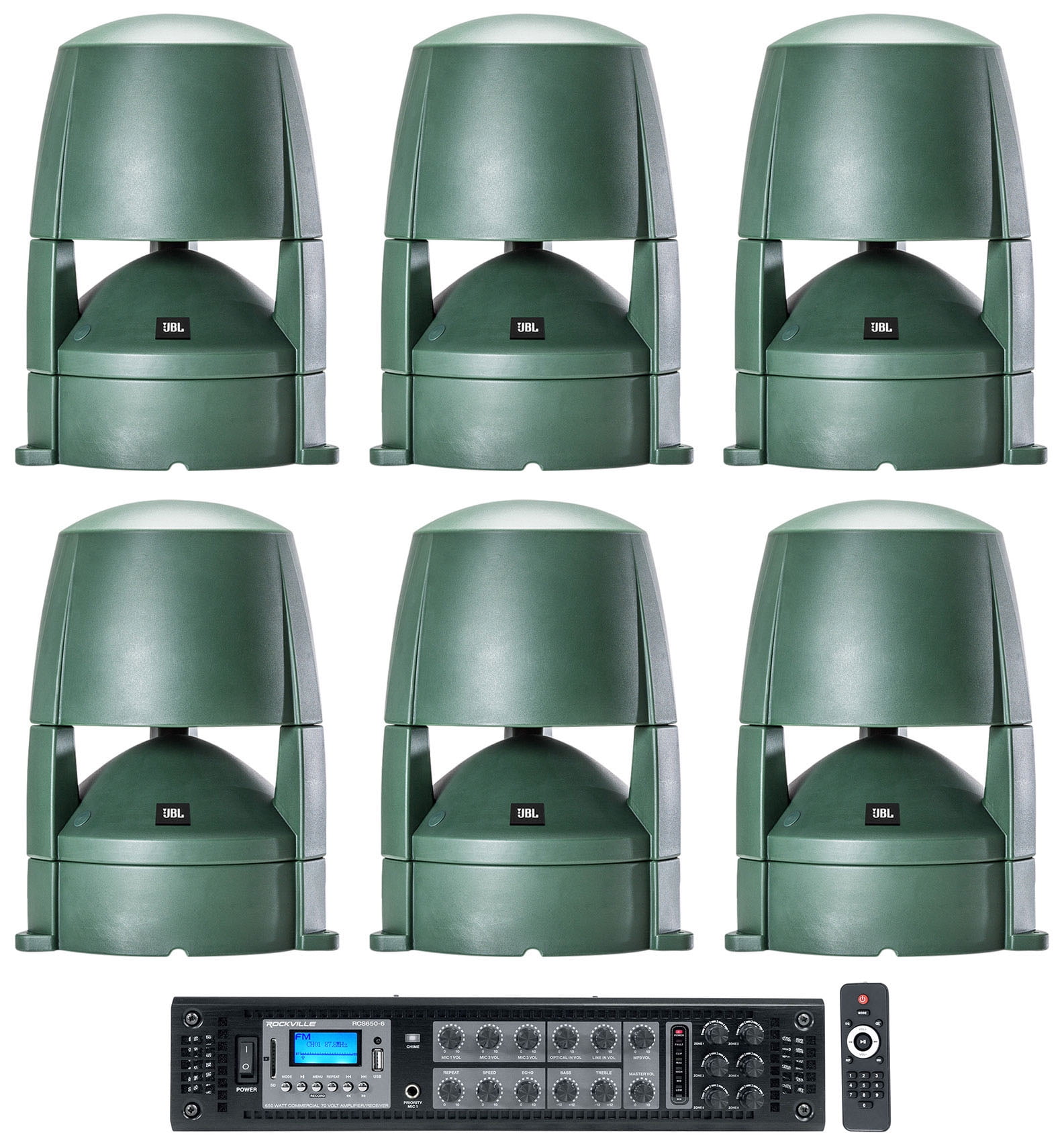 (6) JBL CONTROL 88M 8" Commercial 70v Outdoor Landscape Speakers + Amplifier