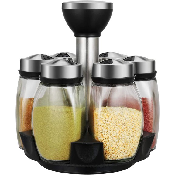 6-Jar Revolving Holder, Kitchen Countertop Seasoning Stand Include 6 Glass Jar Bottles, Great Gift For Chefs & Foodies (s Not Included)