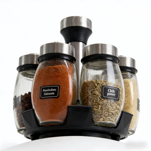 6-Jar Revolving Spice Rack Organizer Holder, Kitchen Countertop Seasoning Stand Organizer Include 6 Glass Jar Bottles, Great Gift For Chefs & Foodies (Spices Not Included)