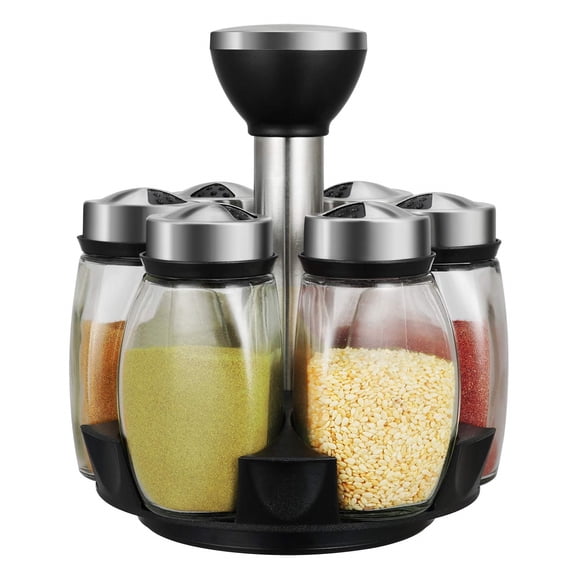 6-Jar Revolving Spice Rack Organizer Holder, Kitchen Countertop Seasoning Stand Organizer Include 6 Glass Jar Bottles, Great Gift For Chefs & Foodies (Spices Not Included)