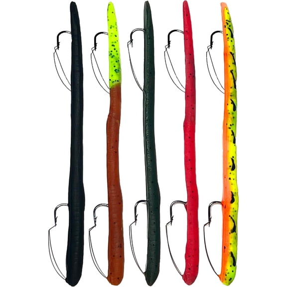 6" KILR Worm Made in USA Weedless Pre-Rigged Soft Plastic Swimbaits, Extra Durable Bass Fishing Lures for Pike and More, 5-Pack Variety