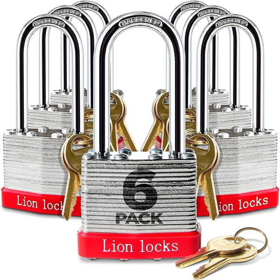 6 Keyed Alike Padlocks with 2" Long Shackle, 12 Keys - Padlocks for Outdoor Use, Locks with Keys, Hardened Steel Case, Pick Resistant Brass Pin Cylinder for Hasp Latch, Locker, Gate