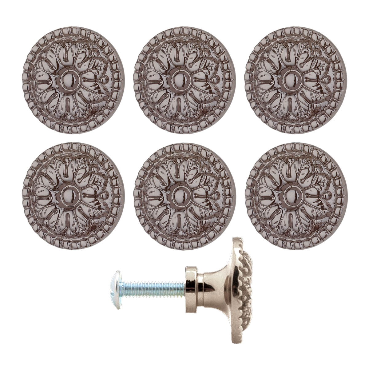 6 Kitchen Cabinet Knob Nickel Black On Brass 1 1/4" Dia Floral | Renovators Supply