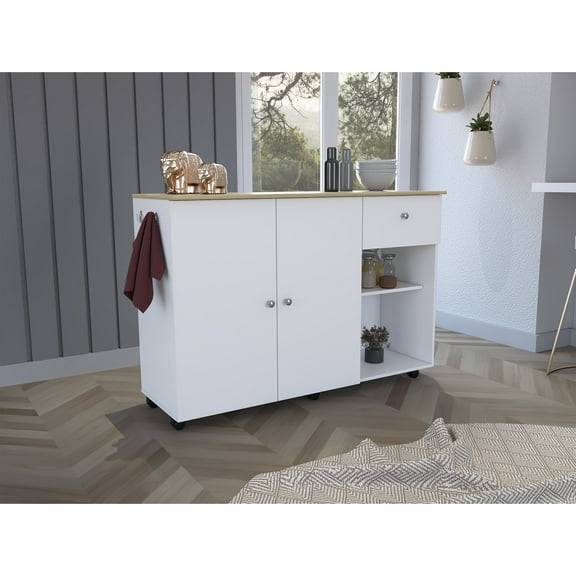 6 Kitchen Island Cart, 1 Drawer, Double Door Cabinet, 2 External Shelves - White / Pine Vibe Cart: , Shelves, 4 Internal In White/pine