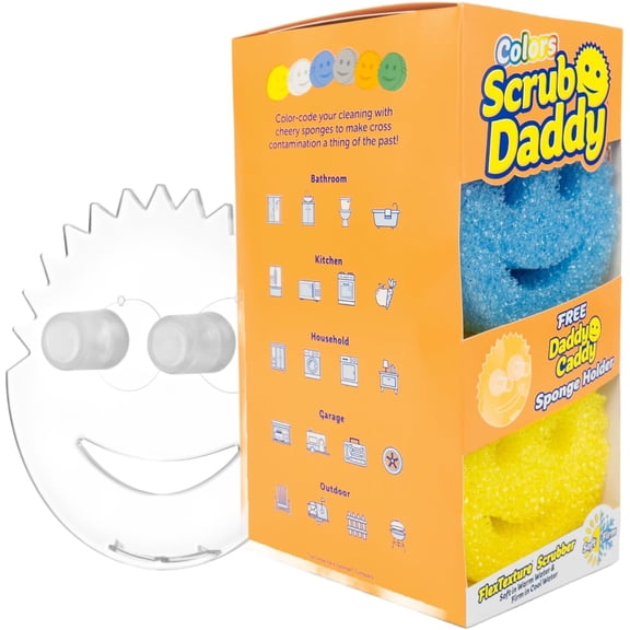 6 Kitchen Sponges & 1 Daddy Caddy Dish Sponge Holder - BPA Free & Made with Polymer Foam - Stain & Odor Resistant, Scratch-Free Multipurpose Scrubbers