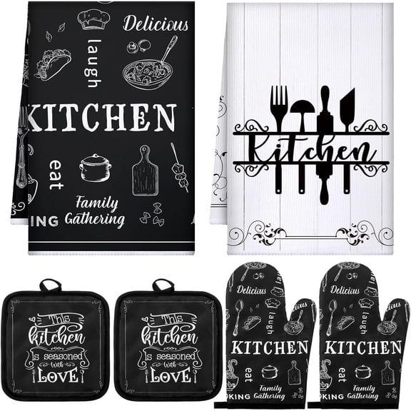 6 Kitchen Towels Sets Kitchen Accessories Set with Oven Mitts and Pot Holders Farmhouse Oven Glove Decor for Cooking Baking Grilling Supplies(Classic Black and White,Vivid)