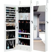6 LED Lights Jewelry Armoire with Full Length Mirror Jewelry Cabinet with Interior Makeup Mirror, 43.4"H Lockable Wall/Door Mounted Jewelry Organizer White