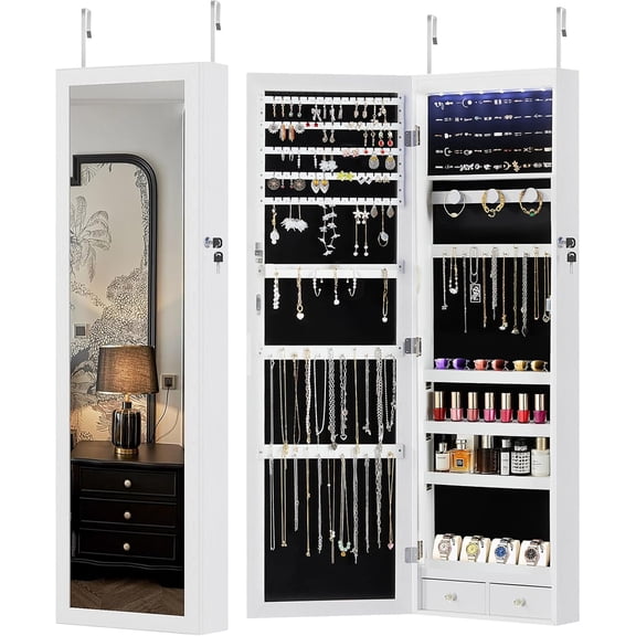 6 LED Mirror Jewelry Cabinet Wall or Door Mounted 47.2 Inch Tall Lockable Cosmetic Storage White