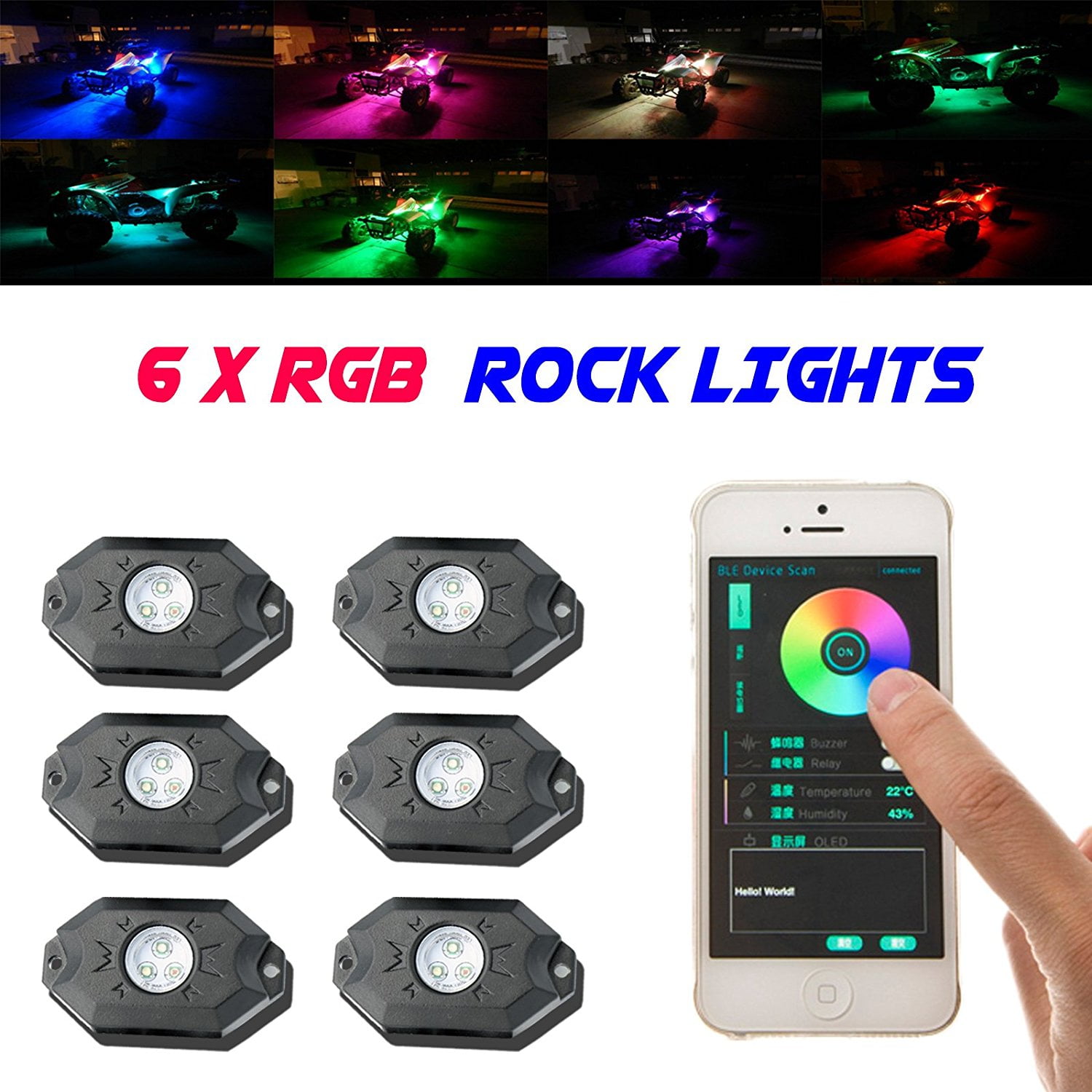 6 LED Rock Lights Aluminum Wireless w/Bluetooth Music RGB Color Accent Under Car