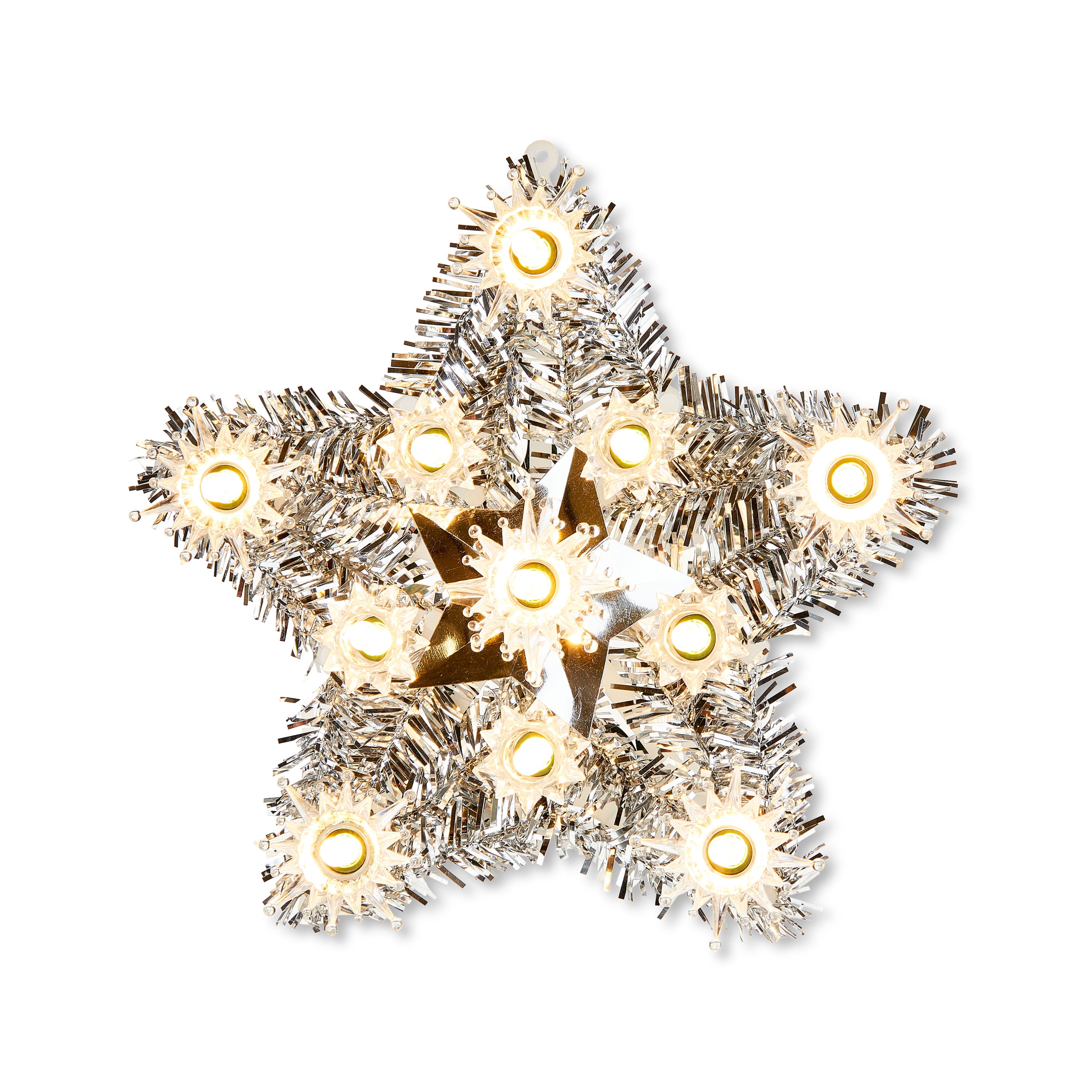 6" LED Tree Topper, Silver Tinsel Star, Holiday Time