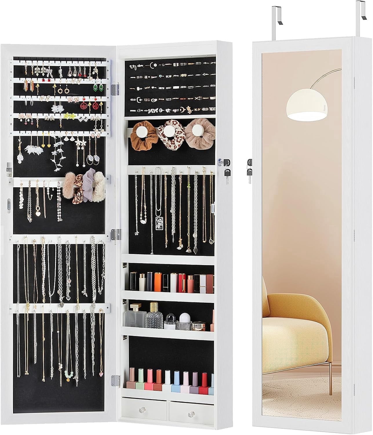 6 LEDs Full Length Mirror with Storage, 47.2'' Jewelry Armoire with Mirror, Lockable Jewelry Storage for Wall or Door Mounted