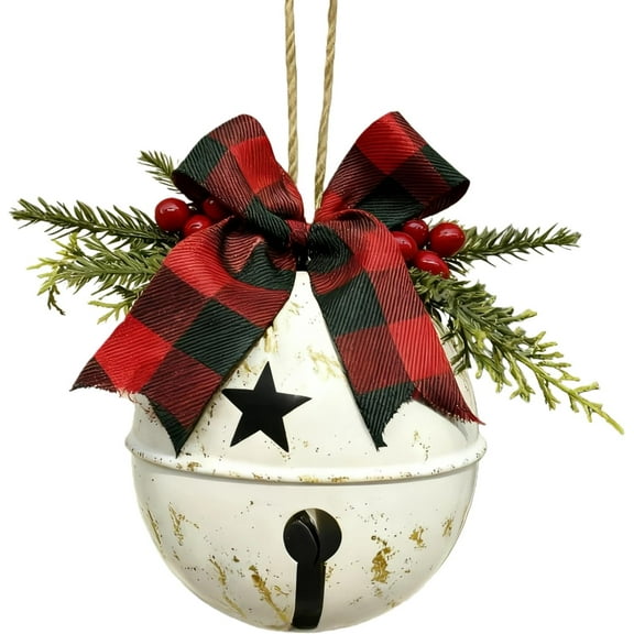 6" Large Christmas Jingle Bells, Vintage Gold Finish with Bow Pine Cones Berry Decor, Rustic Metal Bell Ornaments for Xmas Tree Door Hanging, Outdoor Indoor Holiday Decorations