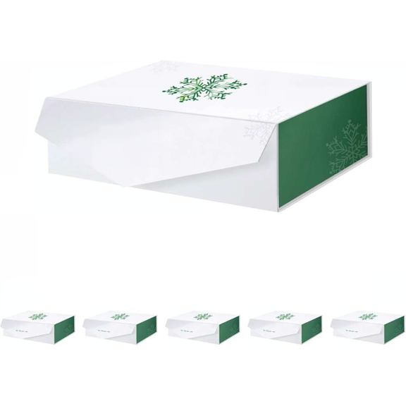 6 Large Collapsible Christmas Gift Boxes with Lids 13.5 x 9 x 4.1 Inches Green Snowflake Pattern