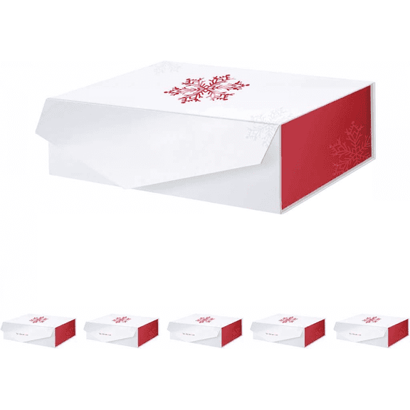 6 Large Collapsible Christmas Gift Boxes with Lids 13.5 x 9 x 4.1 Inches Red Snowflake Pattern