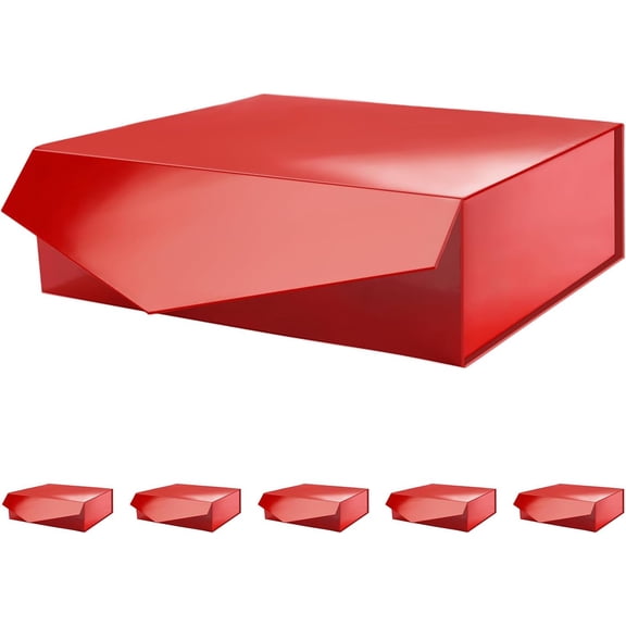 6 Large Collapsible Gift Boxes with Lids 13.5 x 9 x 4.1 Inches Glossy Red