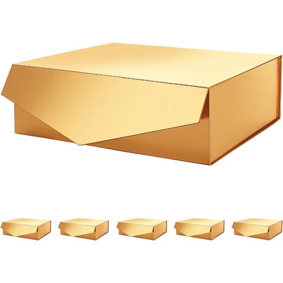 6 Large Collapsible Gift Boxes with Magnetic Closure 13.5 x 9 x 4.1 Inches Glossy Gold