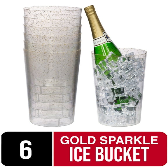 6 Large Disposable Ice Bucket - 96 oz. Plastic Ice Bucket -Gold Glitter